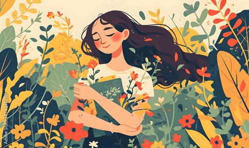 Vector colorful illustration of a cute woman on a floral background of flowers, Generative AI