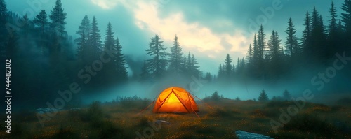 camping at night pine trees in a mystic foggy forest © apirom