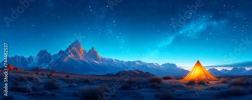 camping at night desert landscape with blue gradient starry sky © apirom