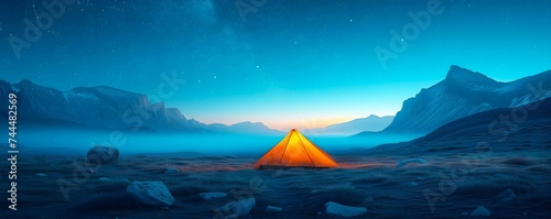 camping at night desert landscape with blue gradient starry sky