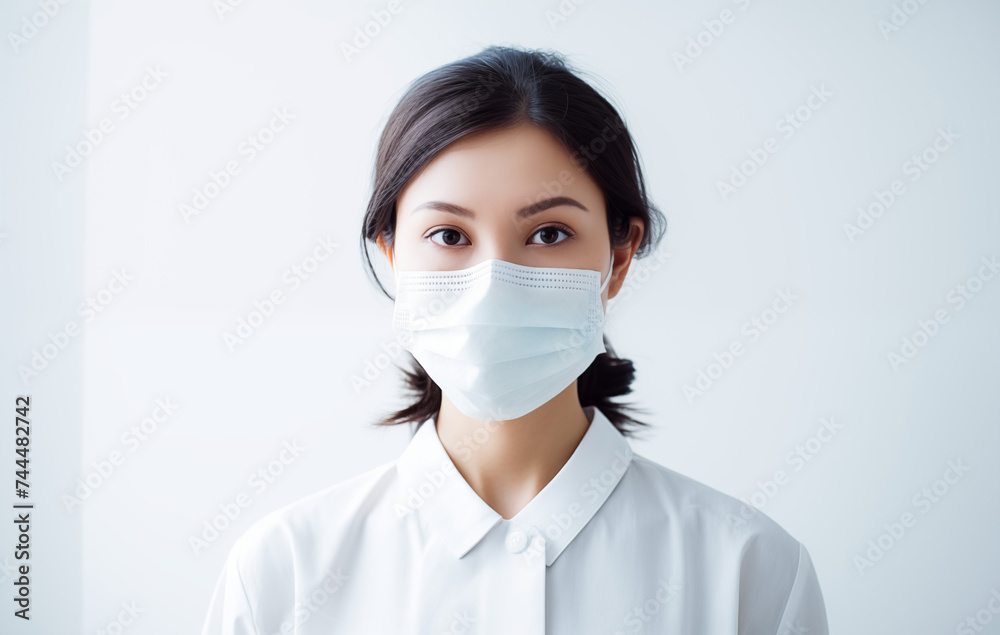Middle-aged woman, wearing a white medical uniform, wearing a mask over her mouth