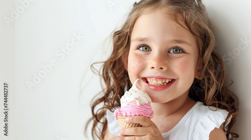 A joyful little girl with rosy cheeks and a beaming smile  delighting in her ice cream cone  captured in crisp detail by the HD camera against the serene white backdrop.