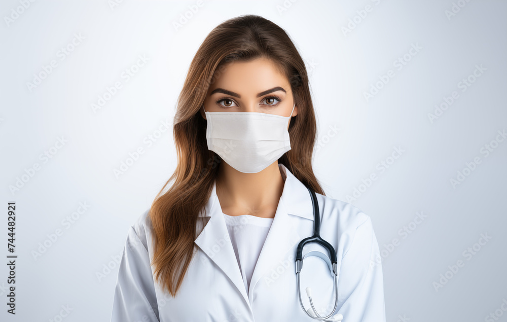 Female doctor, wearing a white uniform, medical practice, wearing a mask to cover mouth Female doctor, wearing a white uniform, medical practice, wearing a mask to cover mouth