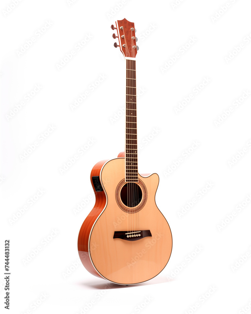 Acoustic guitar with cutaway design isolated on a white background, ideal for music advertising and education