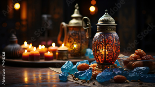 background adorned with colorful Arabic calligraphy and dates for Ramadan