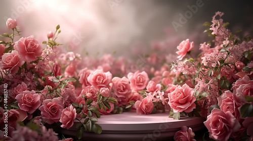 A 3D podium with a bed of roses  perfect for showcasing beauty products or conveying a romantic and elegant atmosphere.