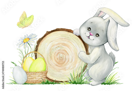 A cute bunny, Easter eggs in a basket, a daisy butterfly, a watercolor clipart on an isolated background. © Natalia