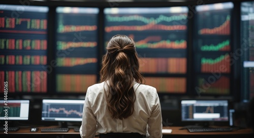 Businesswoman in stock market screens