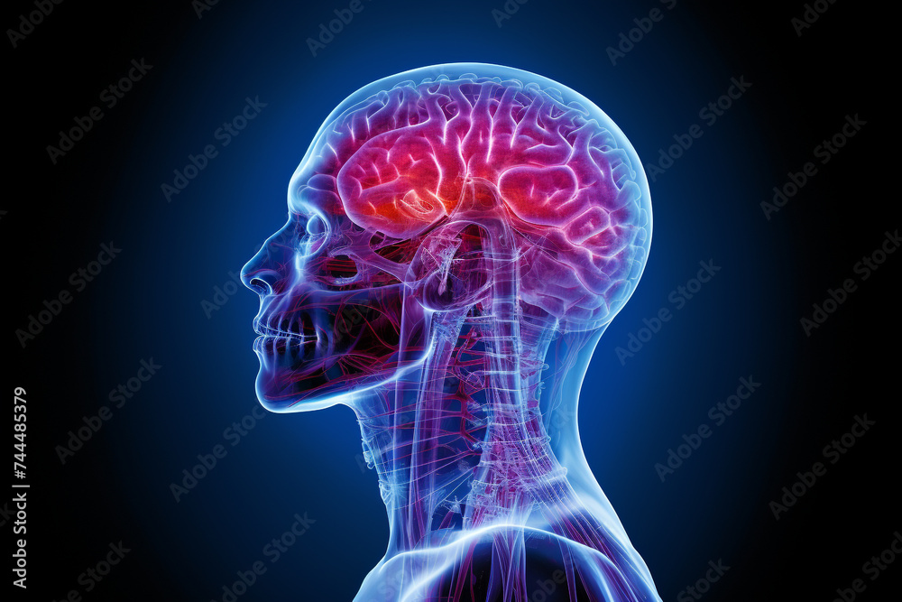 Health care, medicine, science concept. Human brain x-ray scan abstract colorful illustration. Neon colored human brain scan silhouette on dark background Health care, medicine, science concept. Human brain x-ray scan abstract colorful illustration. Neon colored human brain scan silhouette on dark background