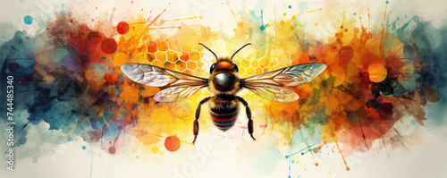 Water color design with flying bee. bee on color art background.