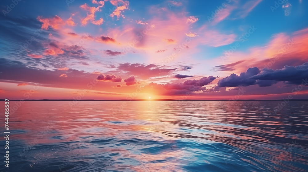 A sunset over the ocean with a colorful sky and clouds.