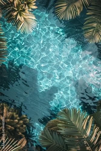 Untouched Tropical Scene with Leaves in the Style of Vintage Poster Design - Turquoise 3D Seascape cracked Bird Eye View Background created with Generative AI Technology