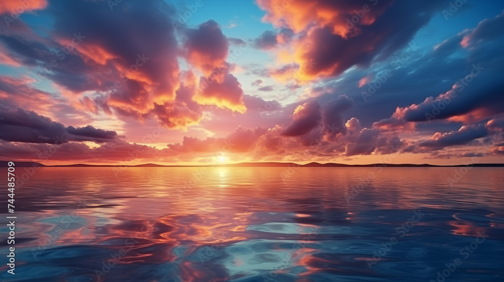 A sunset over the ocean with a colorful sky and clouds.