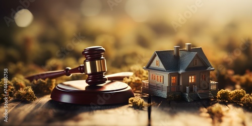 Legal Auction: Gavel and Miniature House Model - A Symbolic Representation. Concept Legal Auctions, Gavel, Miniature House Model, Symbolic Representation