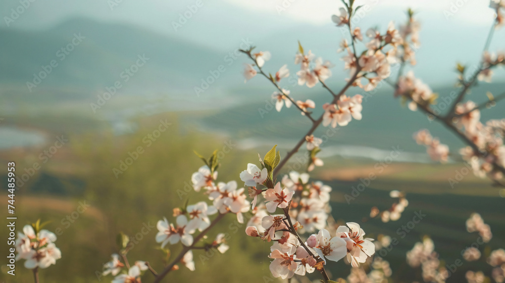 Horizontal shot of apricot flowers blooming.
