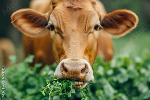 Close-up portrait of a brown cow eating grass on the field.