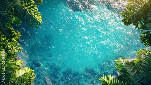 Untouched Tropical Scene with Leaves in the Style of Vintage Poster Design - Turquoise 3D Seascape cracked Bird Eye View Background created with Generative AI Technology