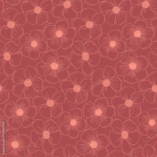 Peach fuzz pastel floral seamless pattern with hand drawn line art flower for textile, wallpaper, scrapbook, cover in shabby chic style. Vector background.