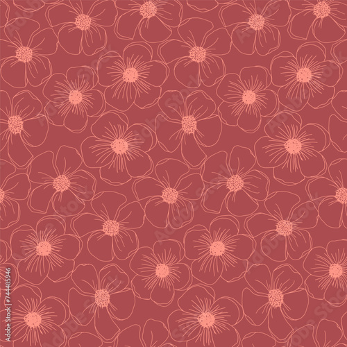 Peach fuzz pastel floral seamless pattern with hand drawn line art flower for textile  wallpaper  scrapbook  cover in shabby chic style. Vector background.