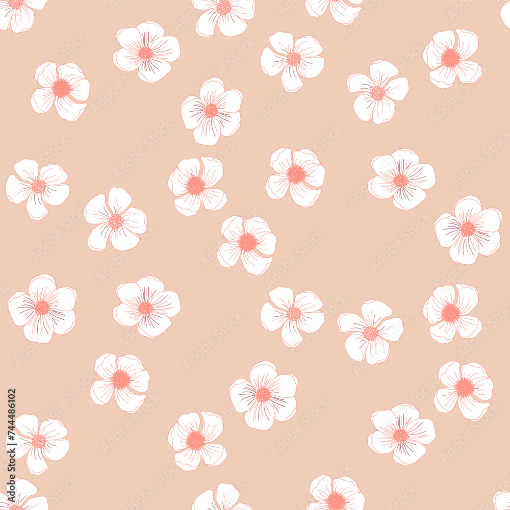Peach fuzz pastel floral seamless pattern with hand drawn line art flower for textile, wallpaper, scrapbook, cover in shabby chic style. Vector background.