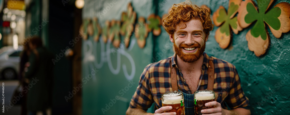 St. Patrick's Day banner with a red-haired man with two jugs of creveza with space for text.Concept advertisement, web social networks.