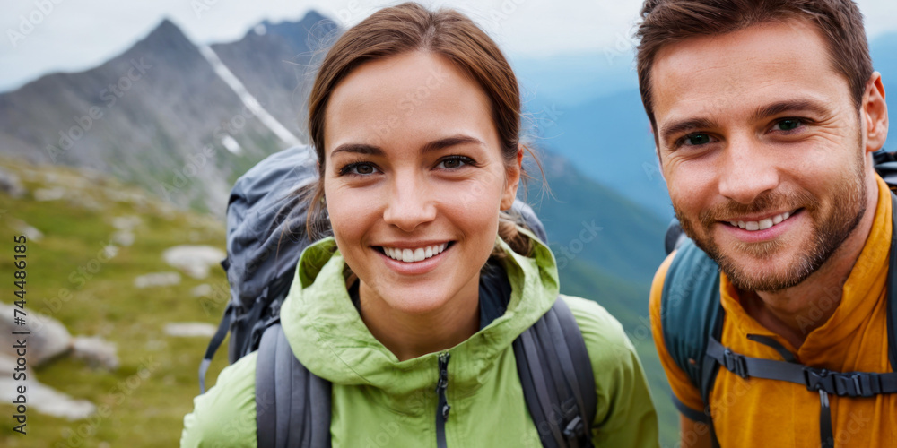 Smiling couple with backpacks enjoying a hike in a mountainous region of California - obrazy, fototapety, plakaty 