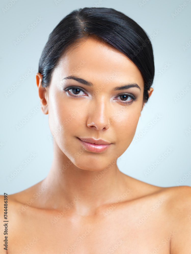 Portrait, woman and facial for skincare, dermatology and microblading on light grey background. Glow, female person and flawless skin for wellness, hydration and treatment with oil, serum and gel