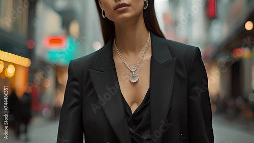 A sleek black blazer paired with widelegged trousers and a statement silver necklace creating a modern androgynous look. Background The busy streets of a bustling city with photo