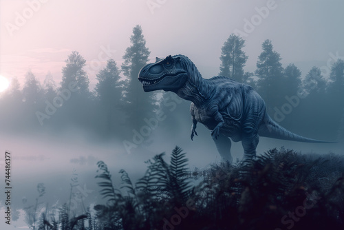 Tyrannosaurus rex stands near lake and bathed in mist of moonlit forest © stockdevil