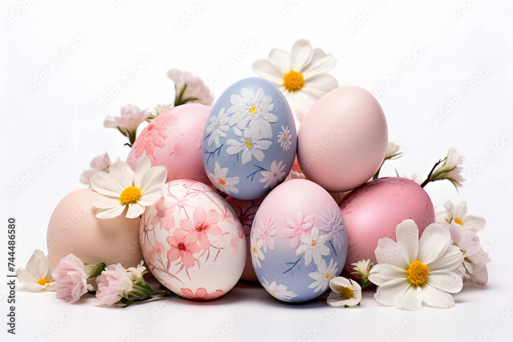 Beautiful pastel colored Easter eggs painted with flowers on white background