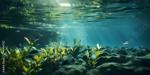 Underwater plants absorbing carbon dioxide in blue carbon ecosystem for sequestration. Concept Blue Carbon Ecosystem, Underwater Plants, Carbon Sequestration, Environmental Conservation photo