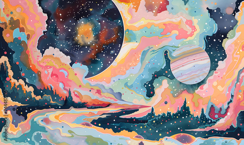 tempura gouache art print on paper, cosmic planets and galaxy of stars, Generative AI