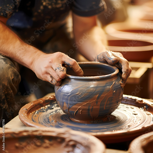 A close-up of a potter applying glaze to ceramics 
