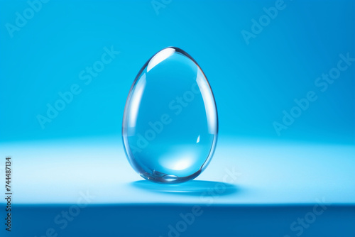 A clear blue crystal or glass Easter egg stands against a monochrome blue background, suggesting simplicity and elegance, possibly for advertising or art. Copy space
