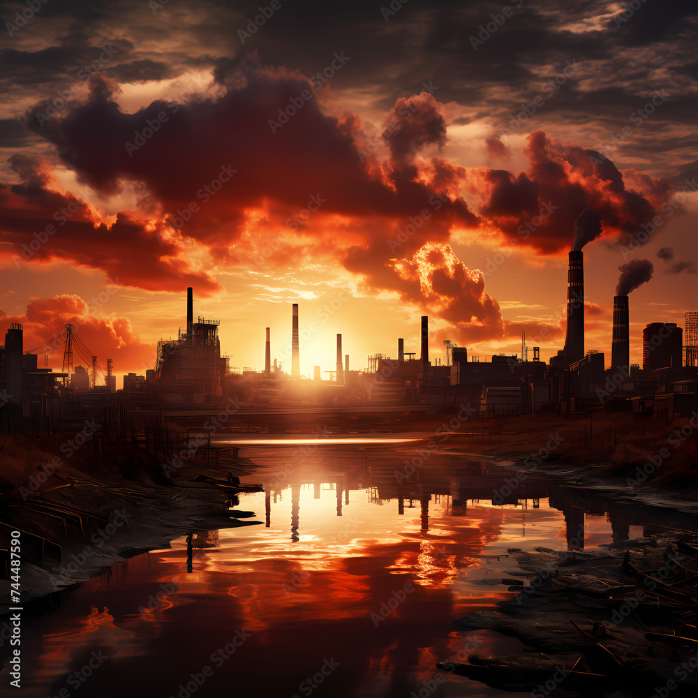 A dramatic sunset over an industrial city 