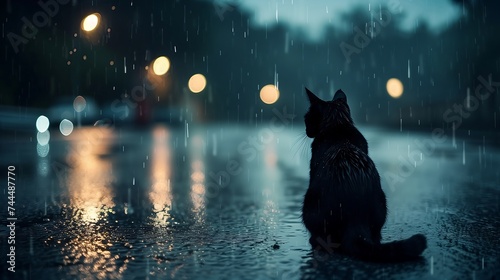 Black cat sitting in the rain on the street with blurred background 