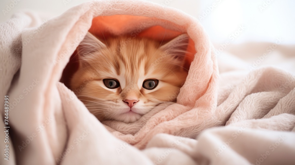 A cute little fluffy cat is lying on a soft pillow or blanket. The cat is sleeping sweetly. The concept of comfort, warmth.