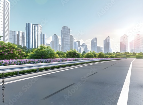 Motion blur flyover asphalt road with modern skyscraper building background