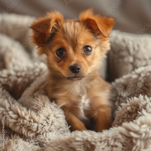 Adorable Puppy in Cozy Blanket: High-Resolution Image of a Small Fluffy Dog with Big Expressive Eyes