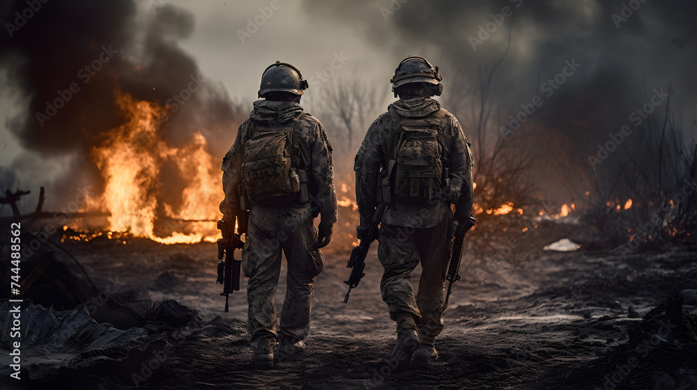  two soldiers standing by the battlefield with explosions