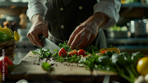 Close up of chef cutting vegetables on the table in a restaurant