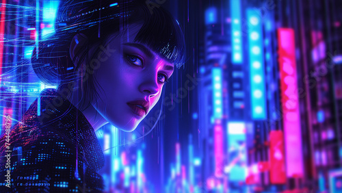 In the neon lit streets of the digital metropolis, a woman with shimmering data streams weaving through her hair