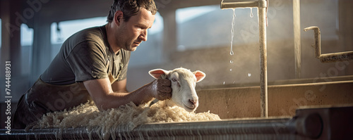 Shepherd standing by sheep in sheeps farm. Breeder ready for milking.