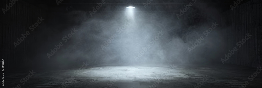 A dark room with a concrete floor and a spotlight. Suitable for dramatic or mysterious themed designs, theater and event promotion, and creative storytelling visuals. empty dark blue room	 - obrazy, fototapety, plakaty 