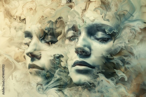 A surreal painting featuring two faces with smoke billowing out of them, creating a mysterious and ethereal atmosphere photo