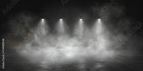 A dark room with a concrete floor and a spotlight. Suitable for dramatic or mysterious themed designs, theater and event promotion, and creative storytelling visuals. empty dark blue room 