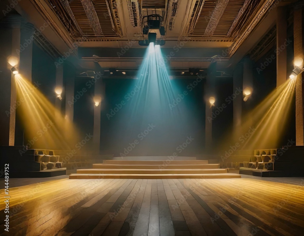 illustration of yellow white spotlights shine on stage floor in dark room, idea for backgroud