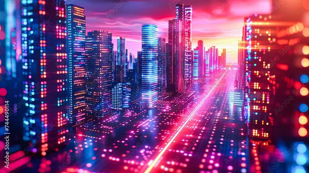 Abstract City Technology Background, Futuristic Urban Design with Digital Network, Modern Skyscraper and Skyline Concept, Blue Neon Lines