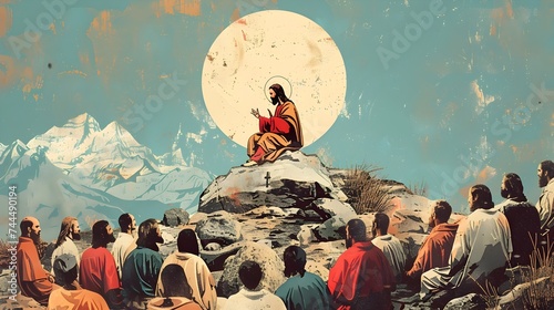 Jesus in Satsang - Mid-Century Illustration of Spiritual Gathering photo