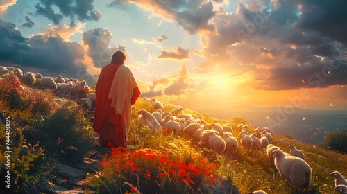 Jesus with Sheep in Sunlit Field A Spiritual and Dreamlike Scene photo